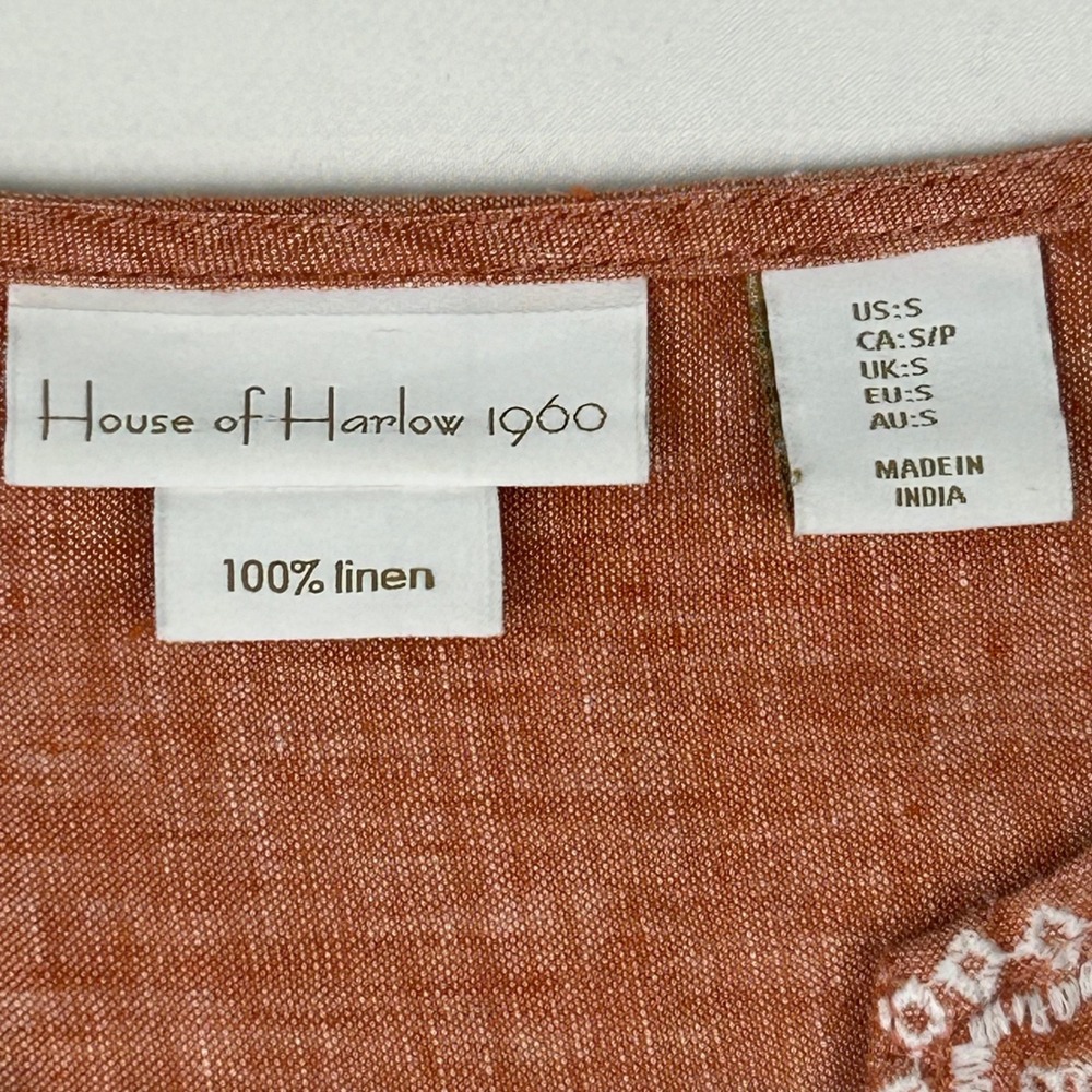 House of Harlow 1960 Womens Rust Orange 100% Linen Embroidered V-Neck Top Small - Picture 3 of 7